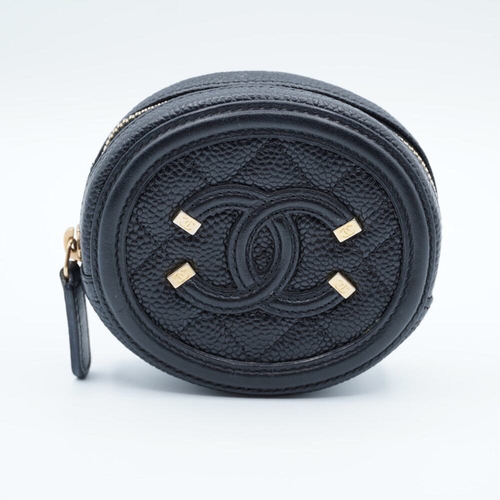 Chanel Black Quilted Caviar Leather Filigree Round Zip Coin Purse
